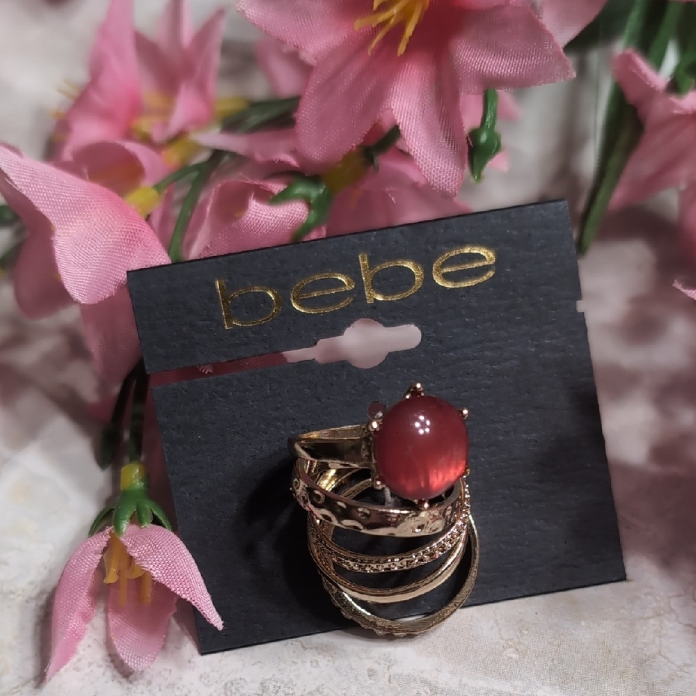 Bebe Red Stone and Gold Stackable Ring Set Size 8